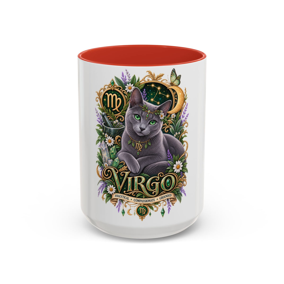 Virgo Russian Blue Cat Accent Coffee Mug — Zodiac Astrology Horoscope Gift (11/15 oz)