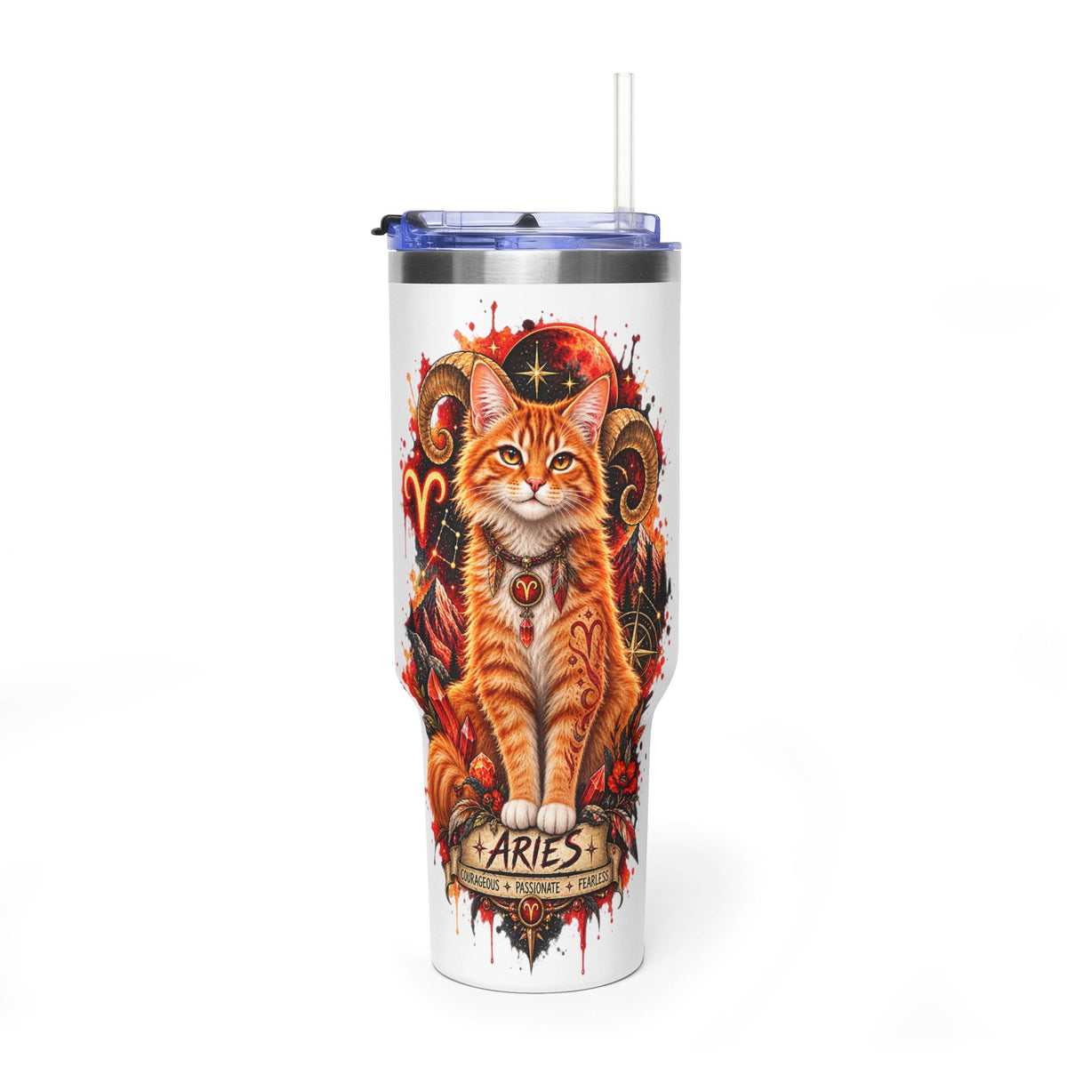 Aries Orange Tabby Cat Zodiac 40oz Tumbler – Astrological Stainless Travel Cup