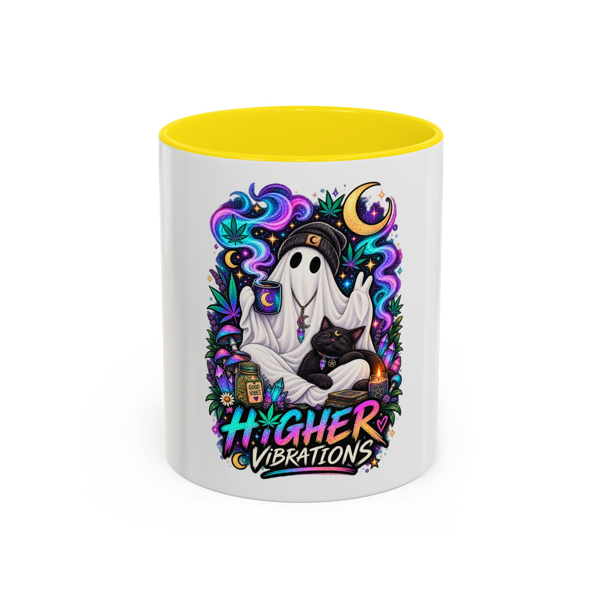 Higher Vibrations Coffee Mug — Cute Ghost & Cat Accent Mug (11/15 oz)