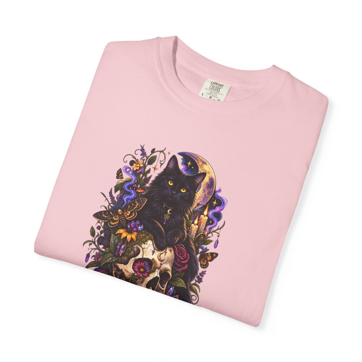 Skull & Black Cat Gothic T-Shirt — Dark Floral Day of the Dead Style