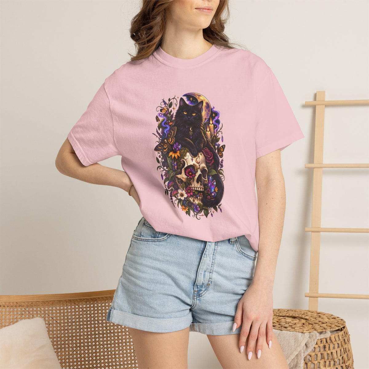 Skull & Black Cat Gothic T-Shirt — Dark Floral Day of the Dead Style