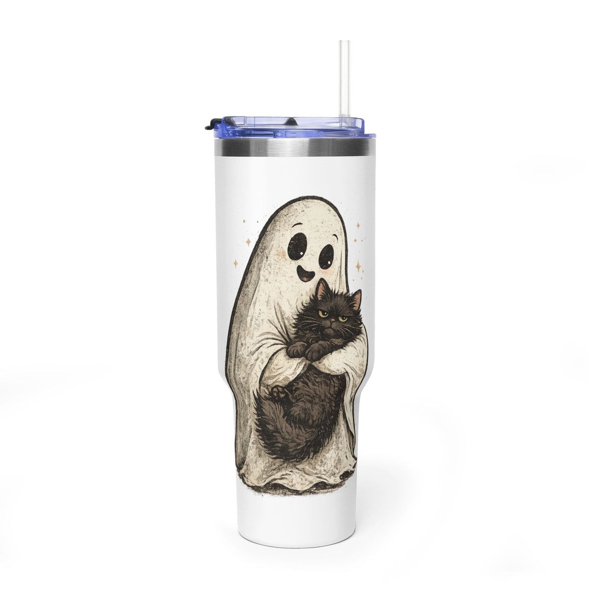 40oz Tumbler — Cute Ghost Hugging Black Cat Thermal Cup