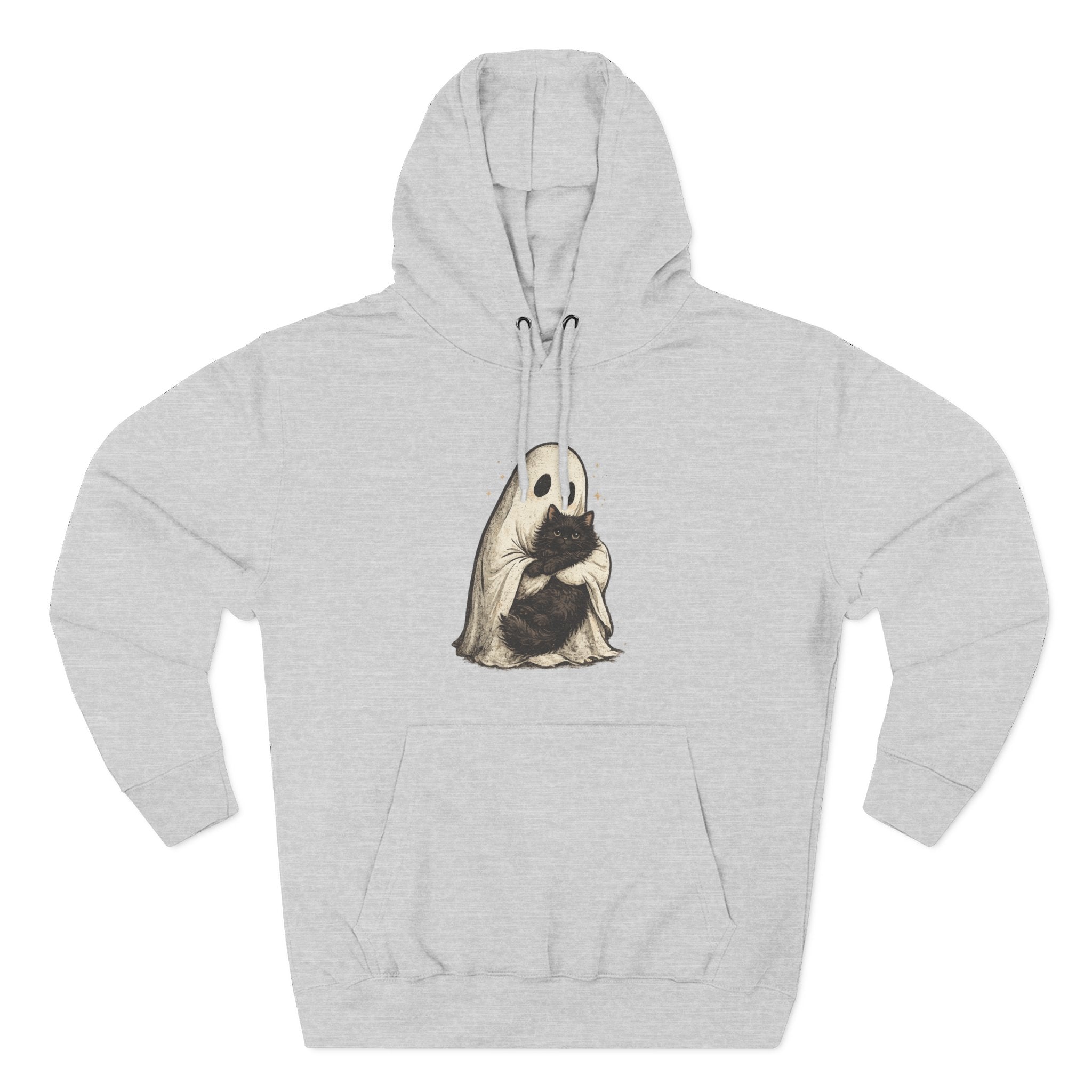 Ghost Hugging Black Cat Fleece Hoodie — Cute Ghost Hugging Black Cat Cozy Pullover