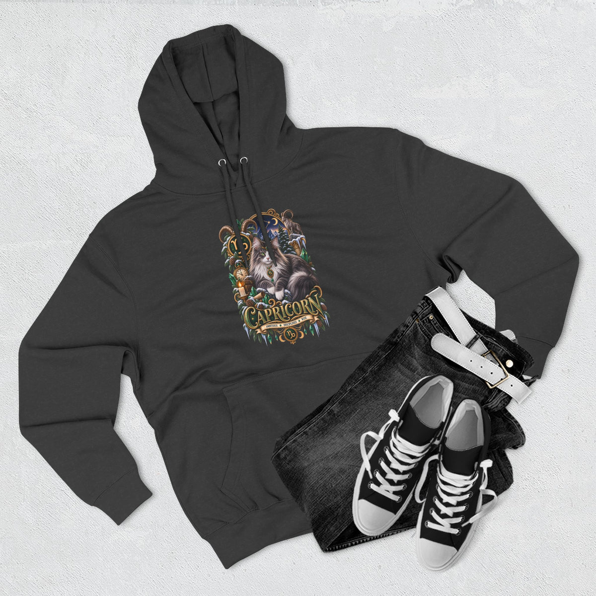 Capricorn Norwegian Forest Cat Zodiac Graphic Hoodie — Mystic Goat Astrology Sweatshirt