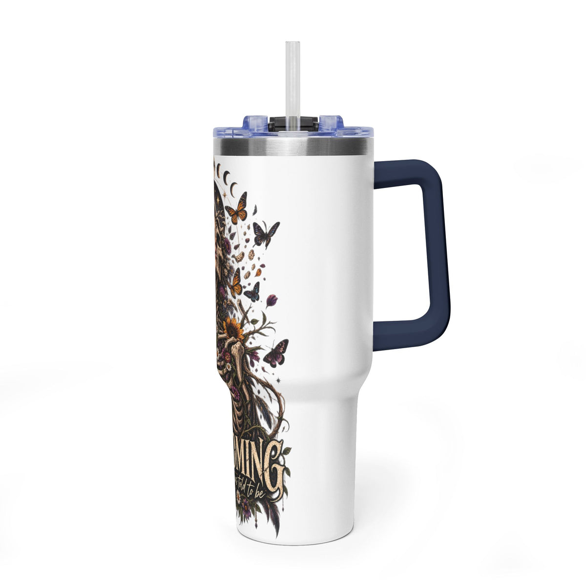 40oz Half human half skeleton Floral butterfly — "Unbecoming" Insulated Travel Cup