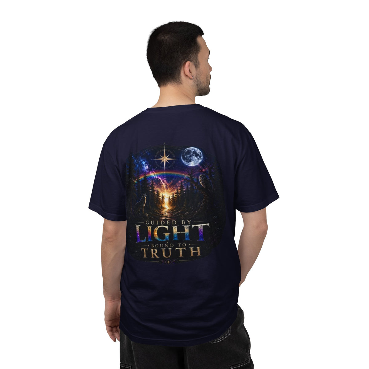 T-Shirt — "Guided by Light, Bound to Truth" Cosmic Forest Graphic