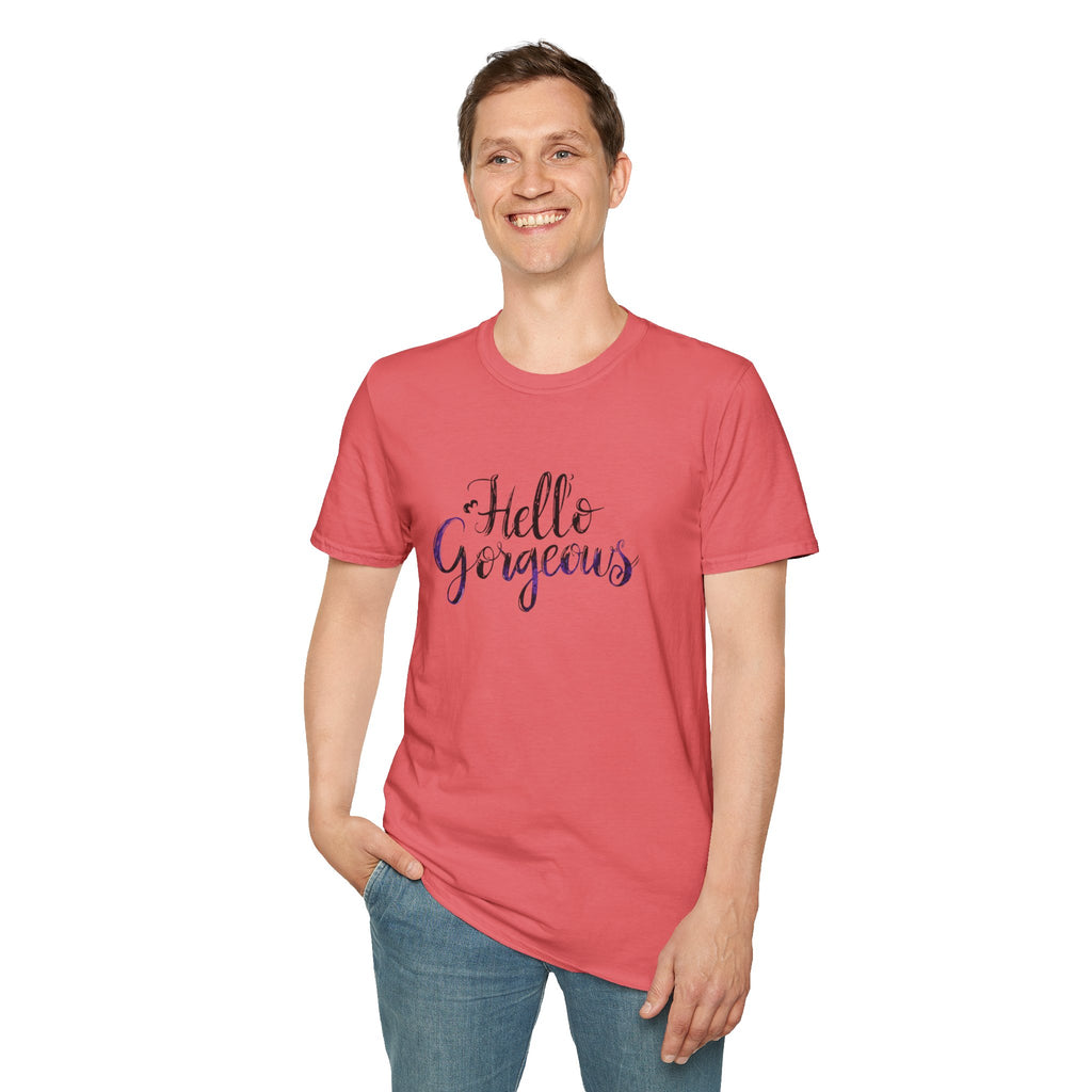 T-Shirt — "Hello Gorgeous" Purple Black Script Graphic Tee