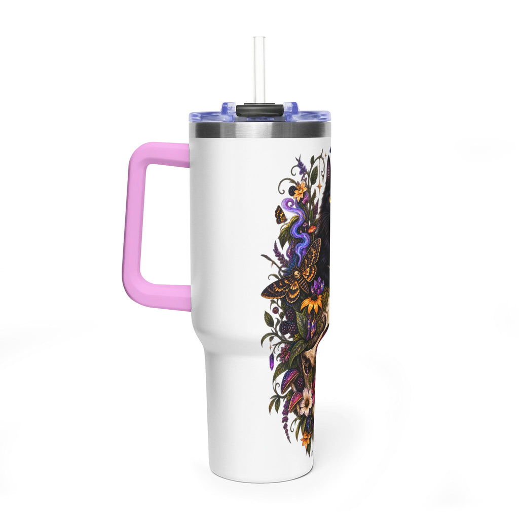 40oz Cat & Skull Thermal Tumbler – Gothic Floral Insulated Travel Mug