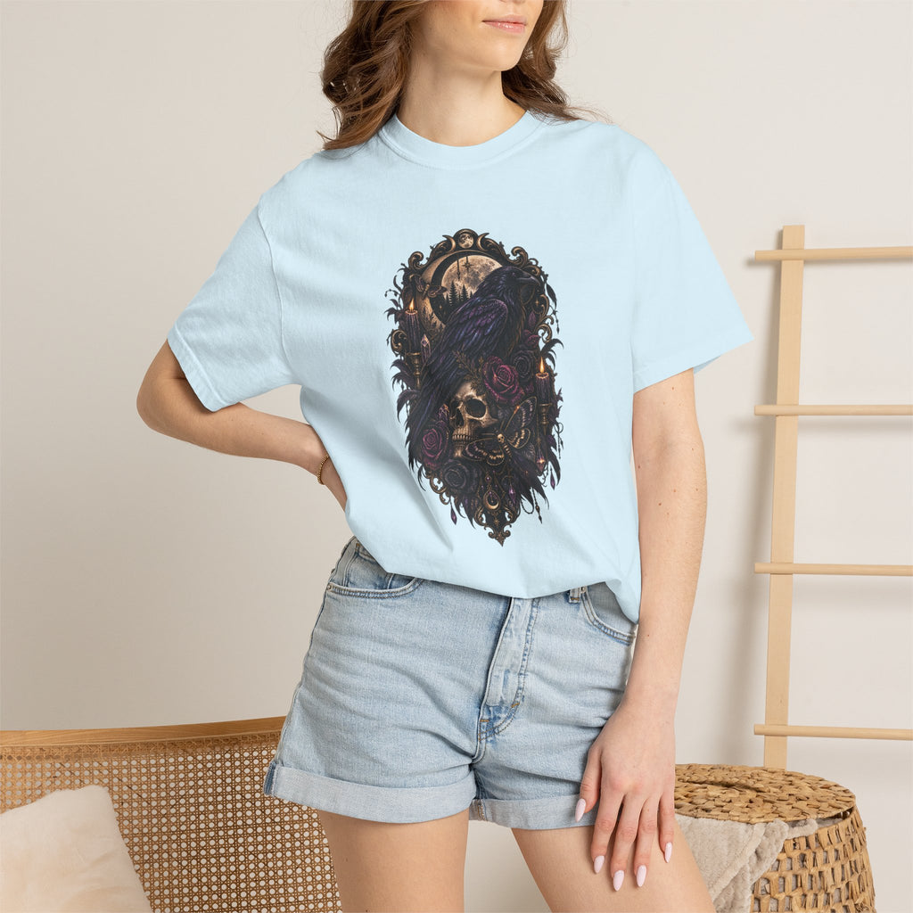 Skull & Crow Graphic Tee — Gothic Vintage Skull with Raven Design