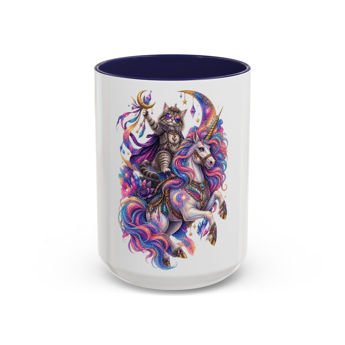 Magical Cat Knight on Unicorn Accent Coffee Mug — Colorful Fantasy 11/15oz