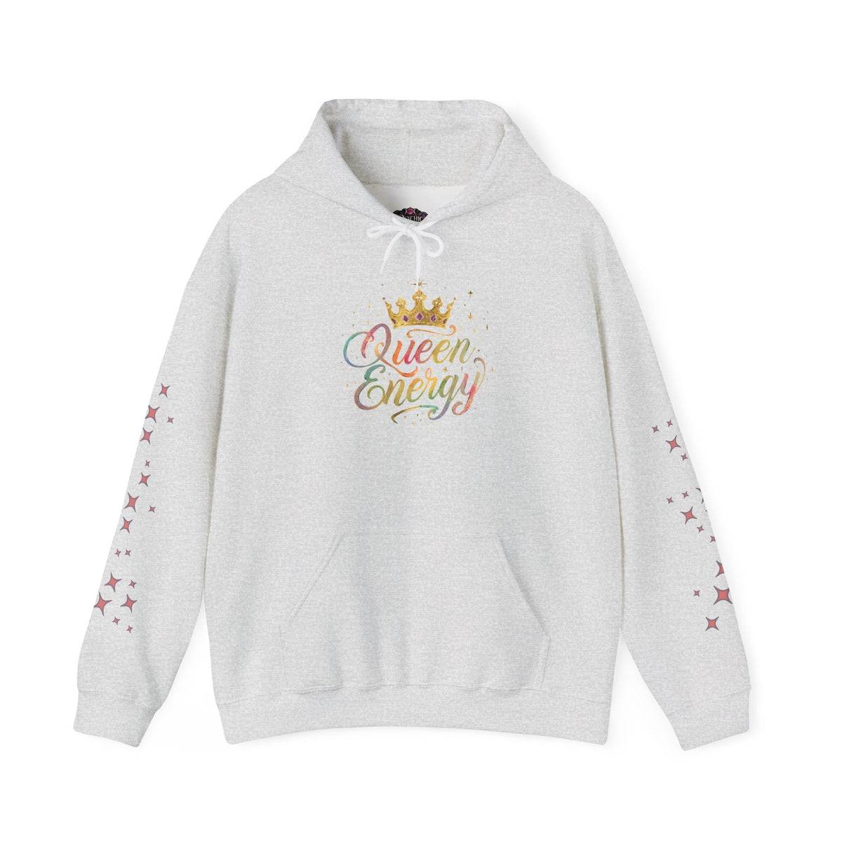 Queen Energy Hoodie — Feminine Crown Graphic Pullover with Star Sleeve Accents