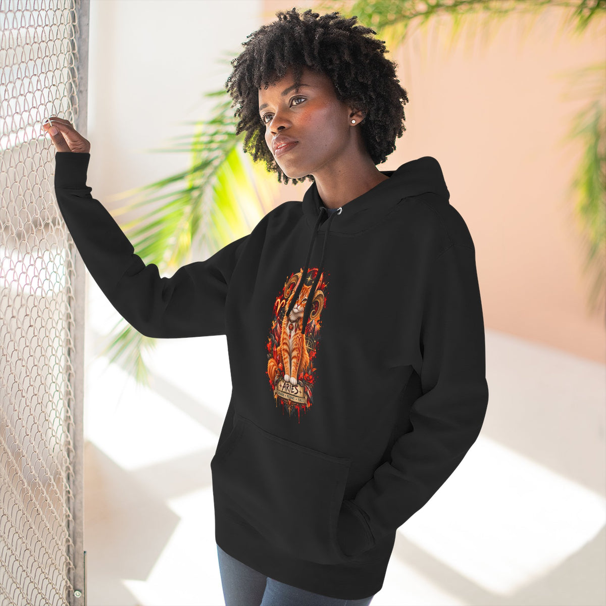 Aries Tabby Cat Zodiac Hoodie — Zodiac Constellation Graphic Fleece Pullover