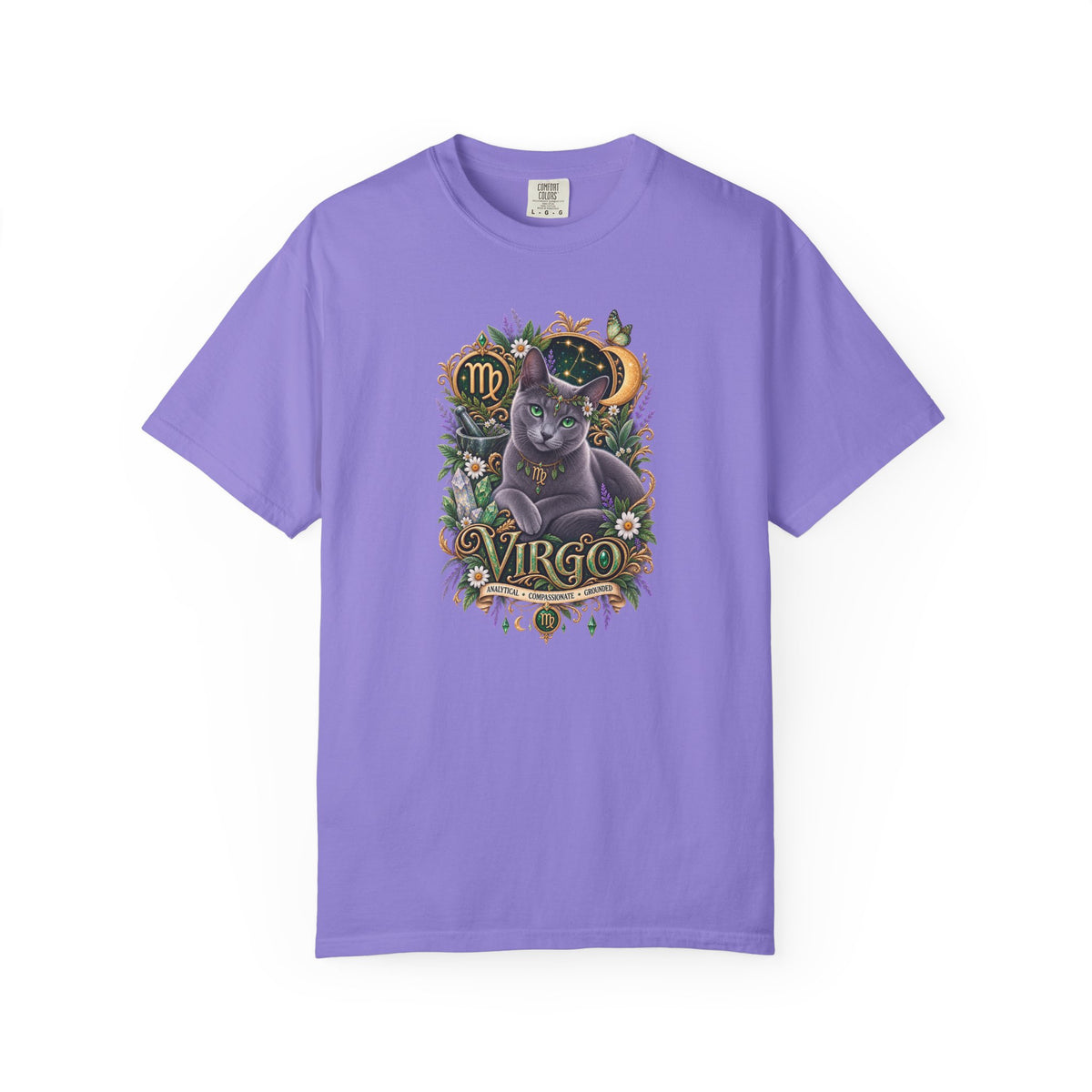 Virgo Cat Zodiac T-Shirt — Virgo Astrology Tee with Russian Blue & Floral Design