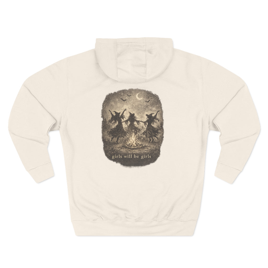Witchy Trio Graphic Hoodie – 'Girls Will Be Girls' Vintage Moonback Sweatshirt