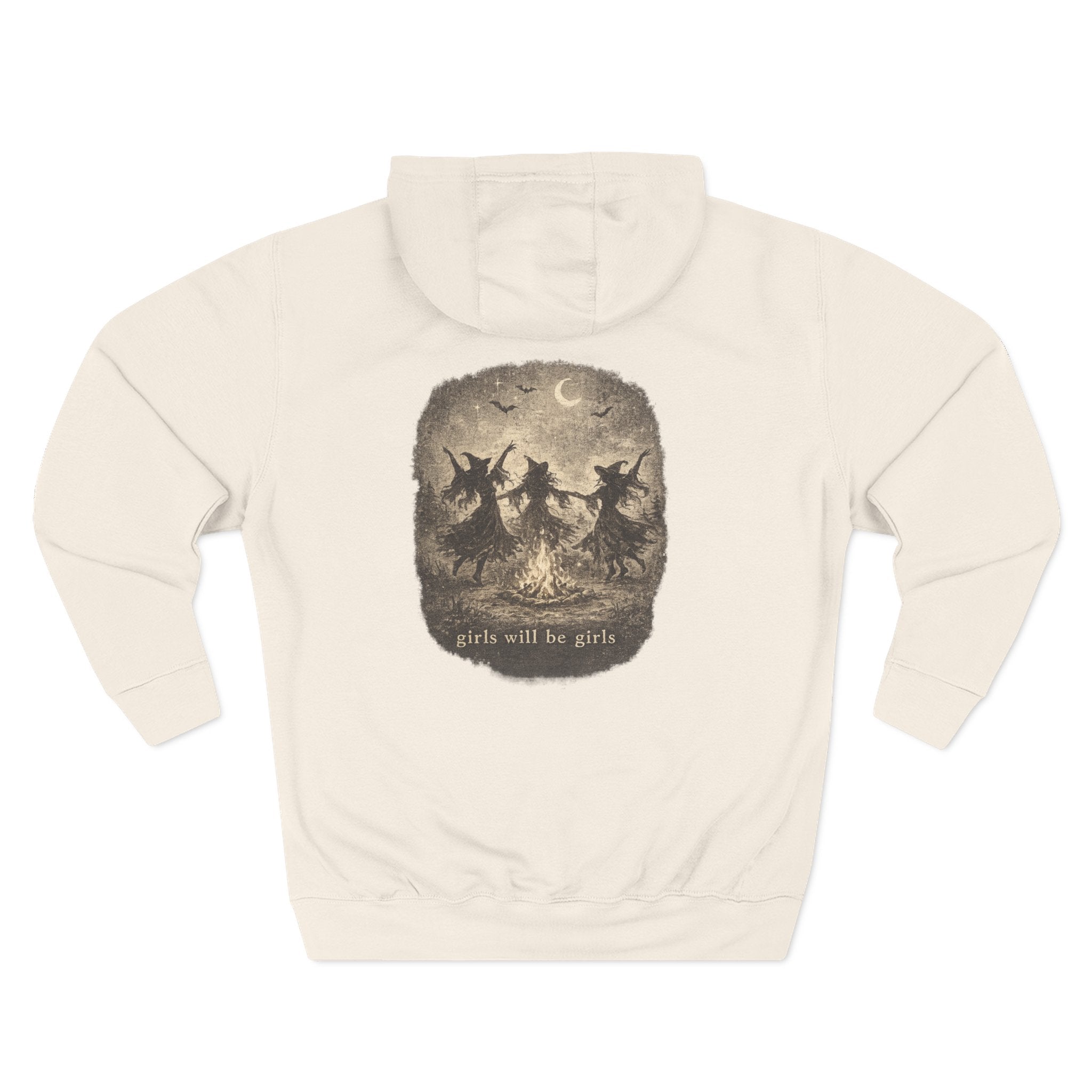 Witchy Trio Graphic Hoodie – 'Girls Will Be Girls' Vintage Moonback Sweatshirt
