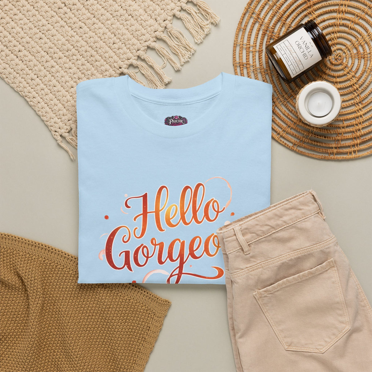 Hello Gorgeous Sunset T-Shirt — Feminine Script Graphic Tee