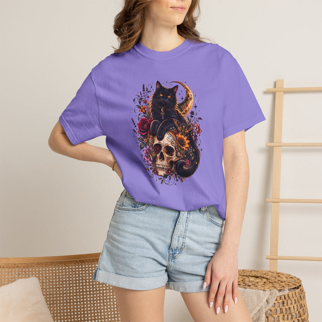Cat & Skull Gothic T-Shirt — Black Cat Moon Floral Graphic Tee