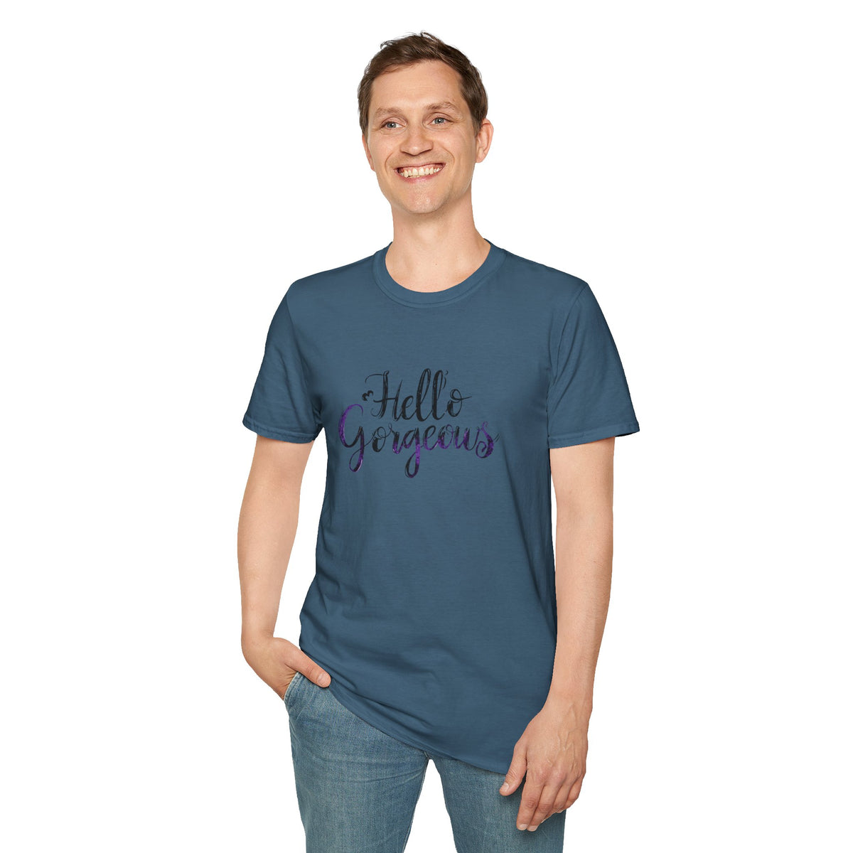 T-Shirt — "Hello Gorgeous" Purple Black Script Graphic Tee