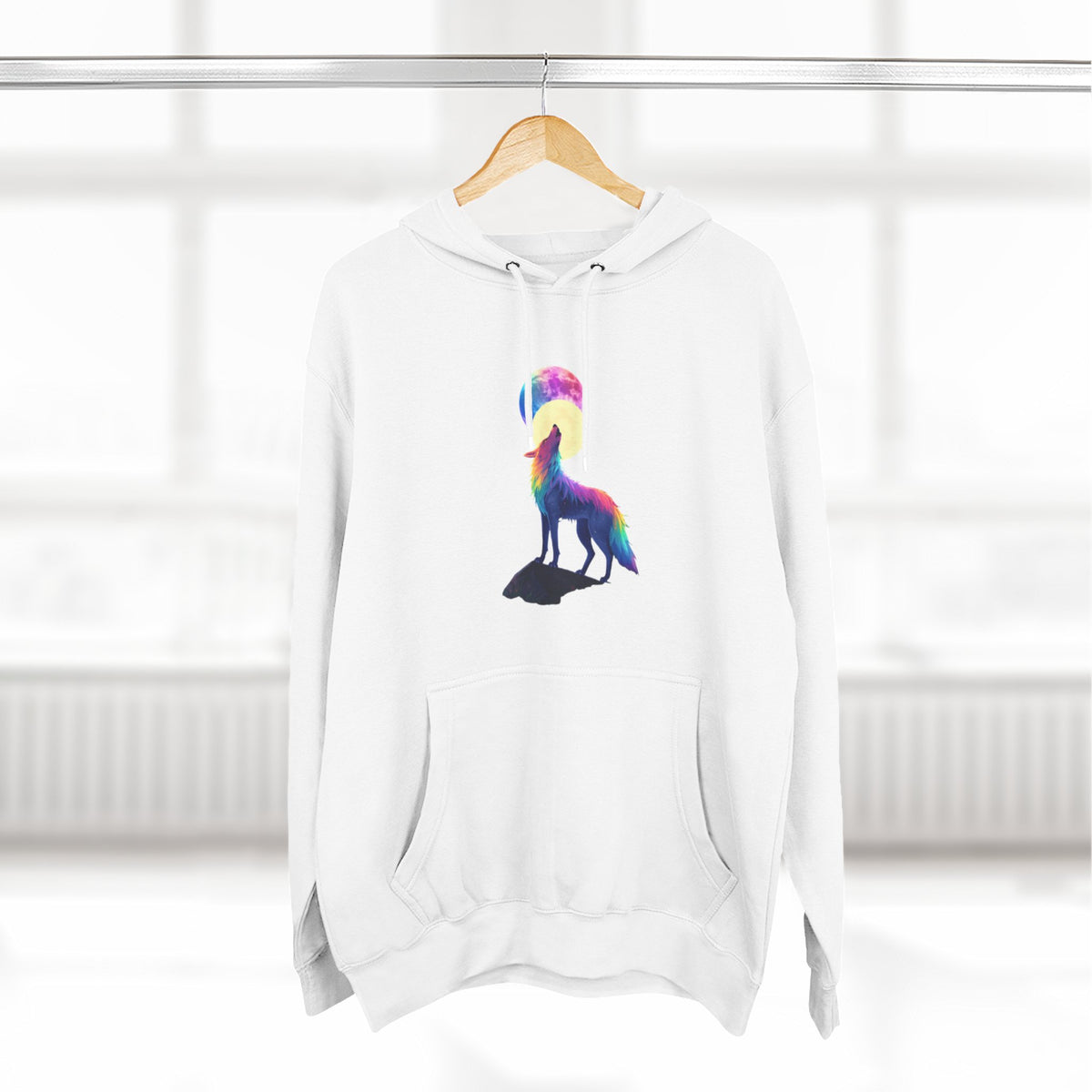 Rainbow Wolf Silhouette Hoodie | Colorful Moon Graphic