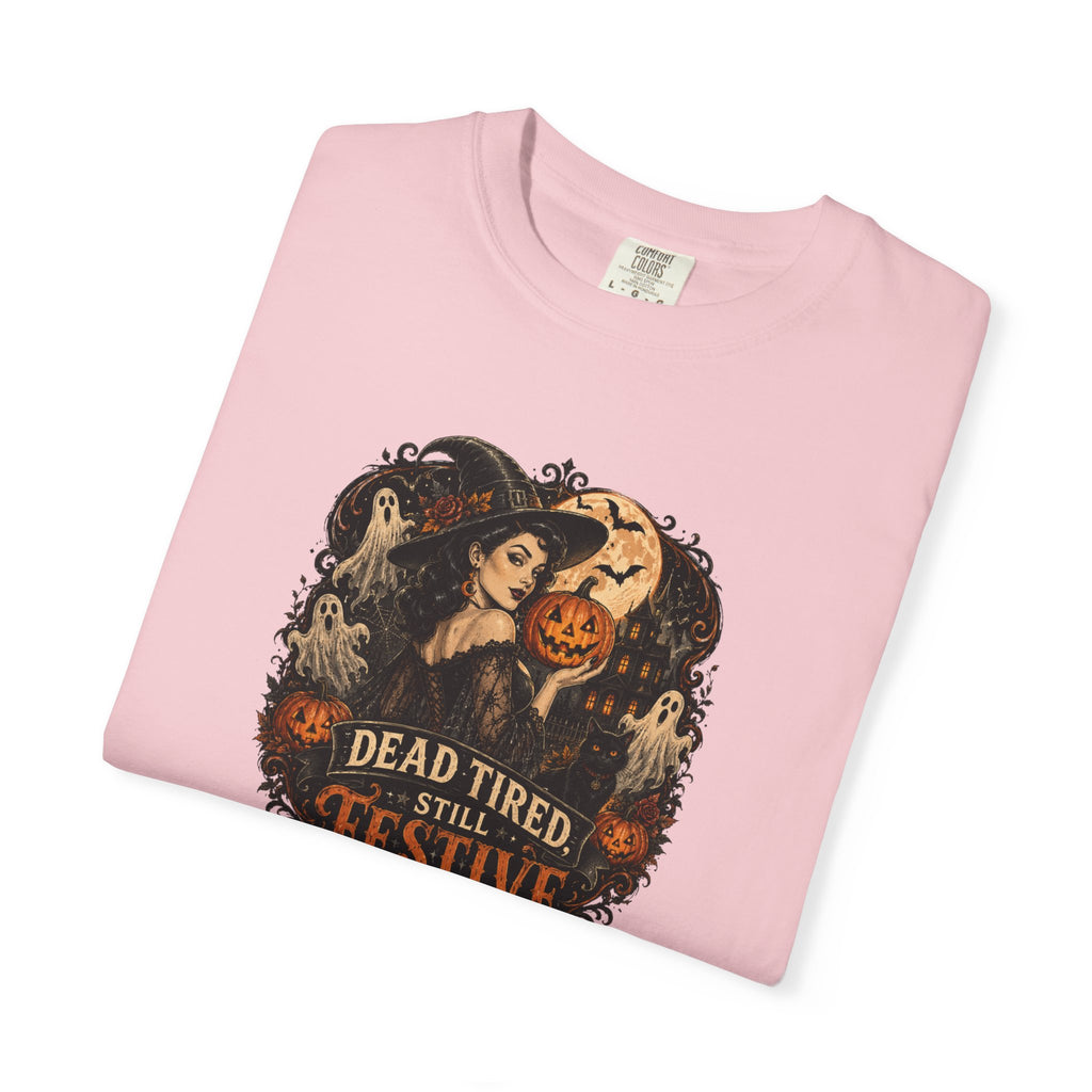 Halloween Graphic T-Shirt — "Dead Tired but Festive" Vintage Horror Pumpkin Tee