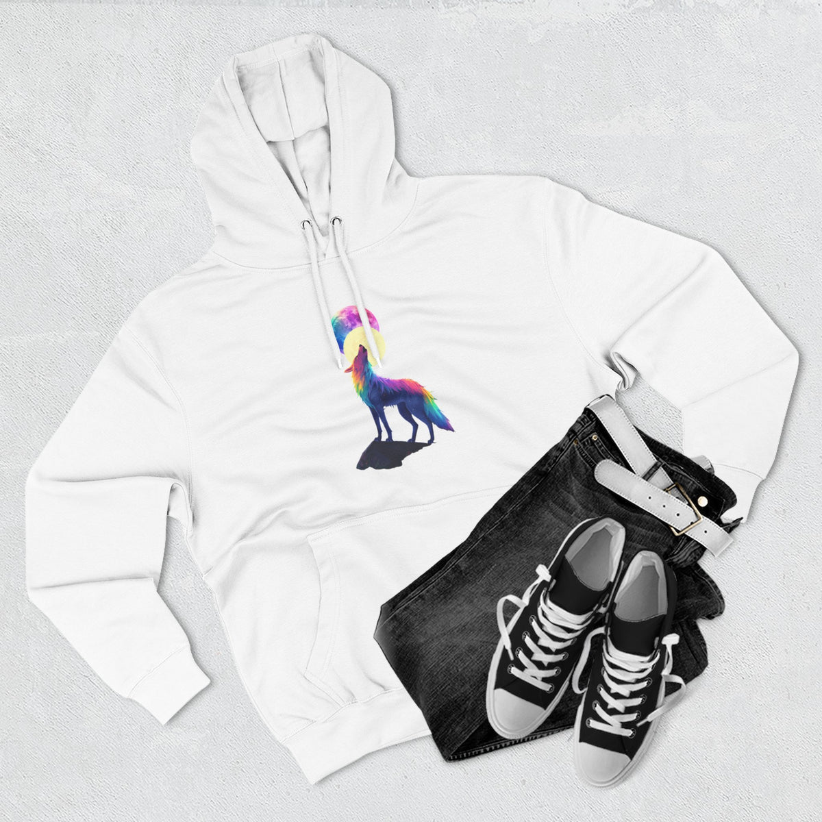 Rainbow Wolf Silhouette Hoodie | Colorful Moon Graphic