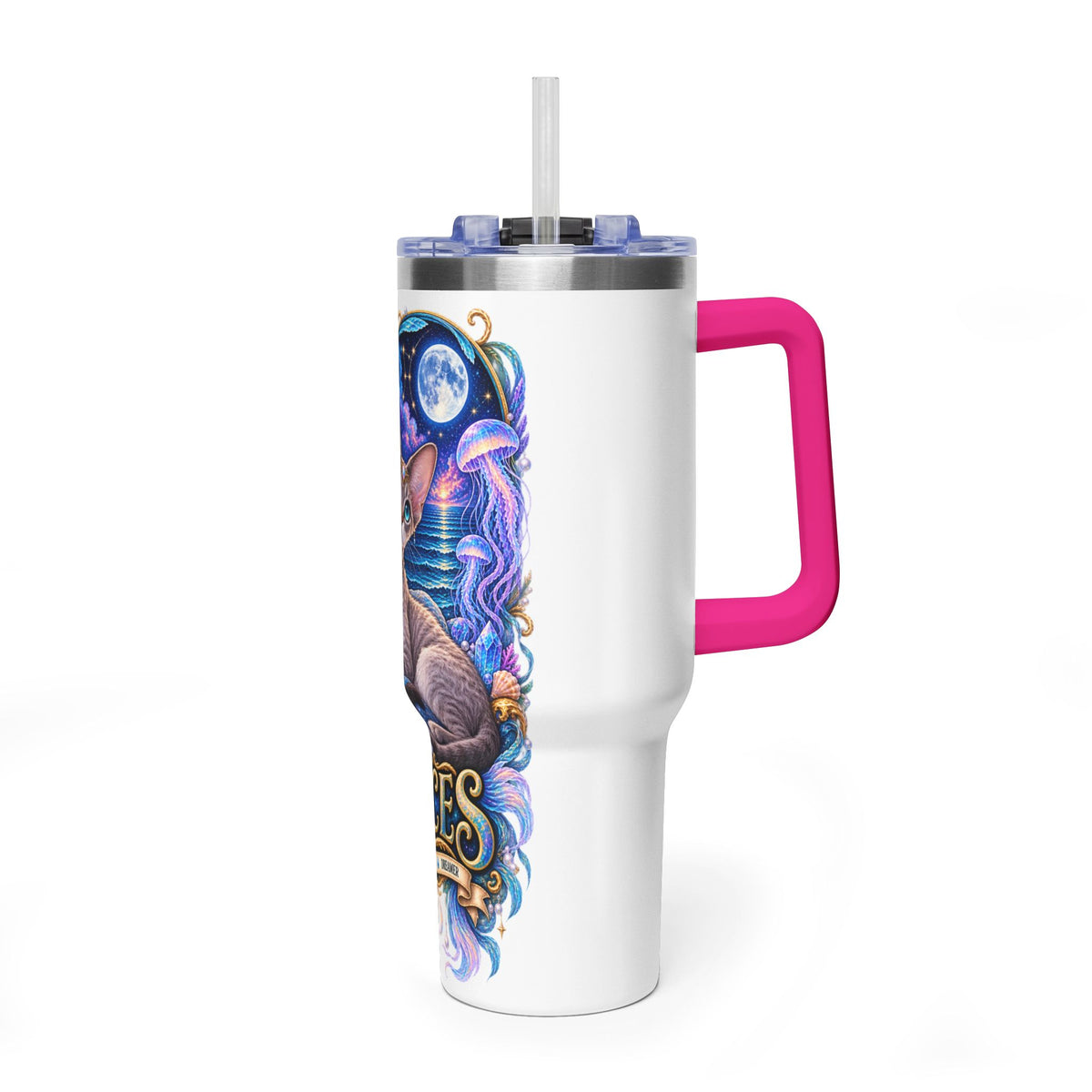 Pisces Devon Rex Cat 40oz Tumbler — Zodiac Vacuum Insulated Travel Cup