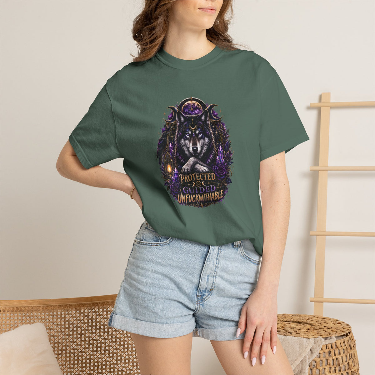 Protector Wolf T-Shirt — "Protected, Guided, Unfuckwithable" Spiritual Graphic Tee
