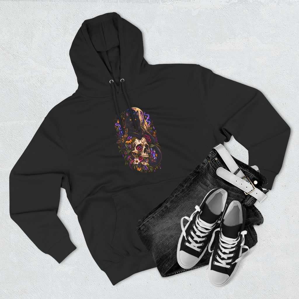 Skull Black Cat Hoodie — Romantic Gothic Floral Skull Graphic Fleece Pullover