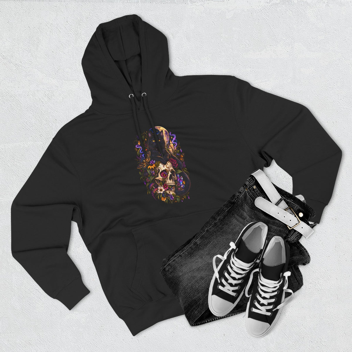 Skull Black Cat Hoodie — Romantic Gothic Floral Skull Graphic Fleece Pullover
