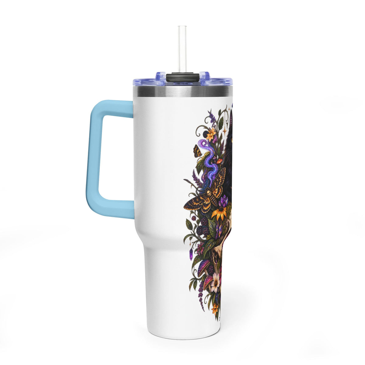 40oz Cat & Skull Thermal Tumbler – Gothic Floral Insulated Travel Mug