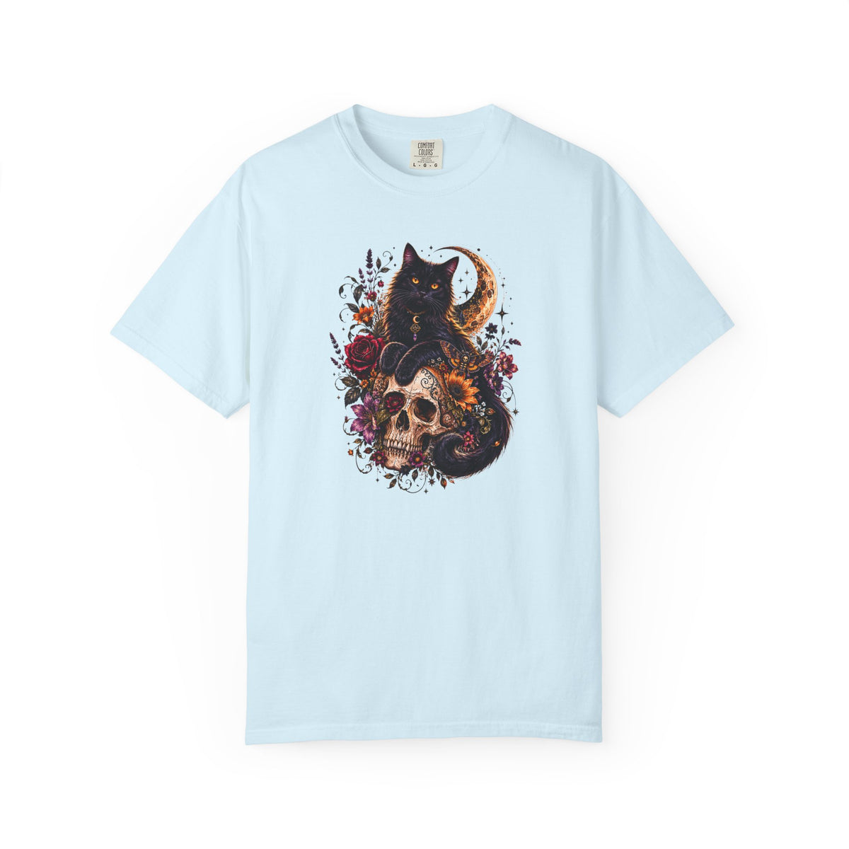 Cat & Skull Gothic T-Shirt — Black Cat Moon Floral Graphic Tee