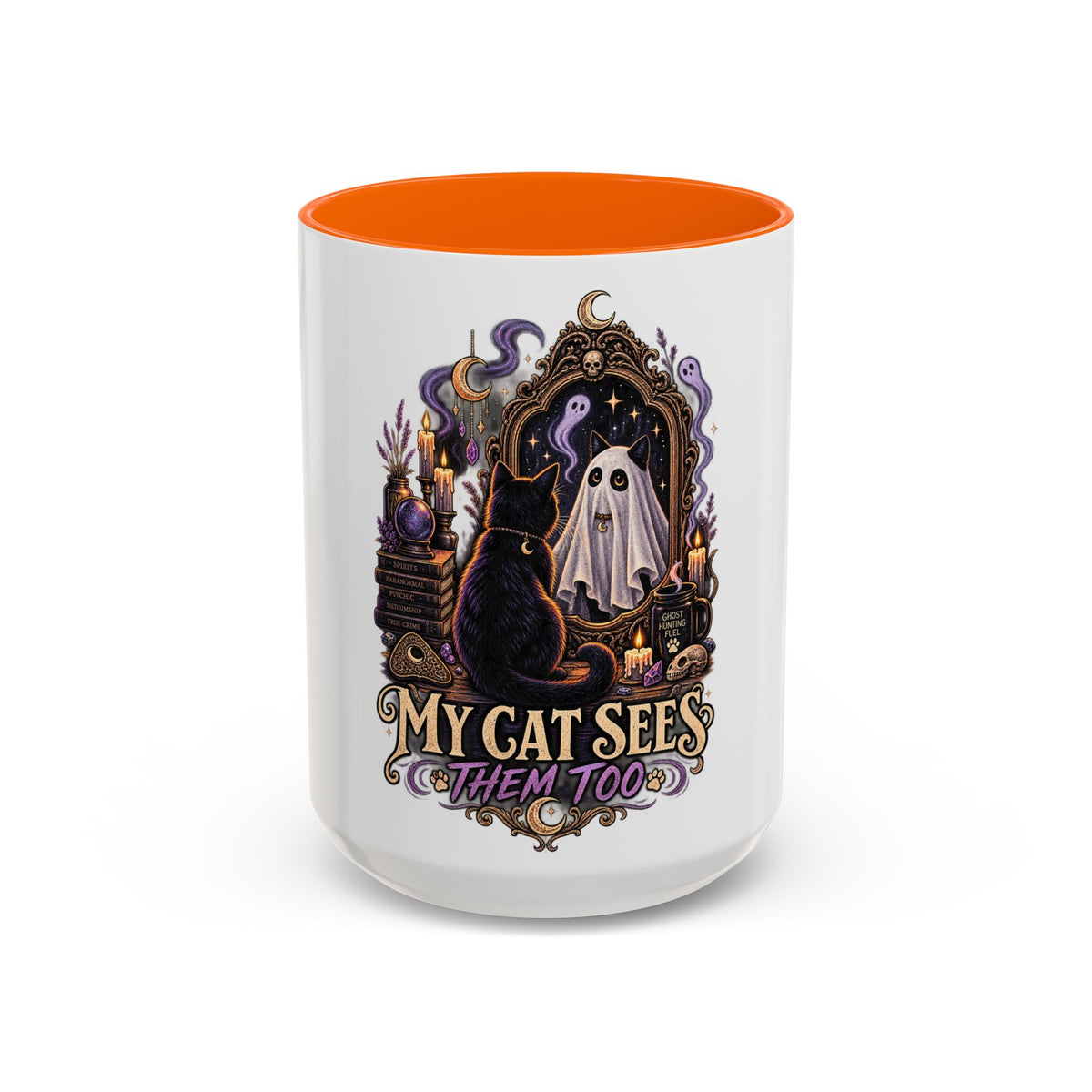 My Cat Sees Them Too Accent Coffee Mug – Halloween Cat & Ghost 11/15oz