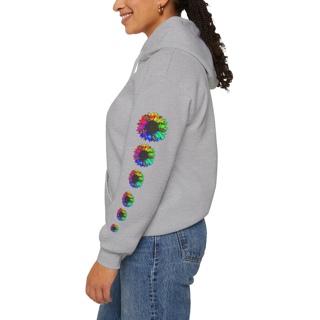 Inspirational Floral Hoodie – "Your Smile is Kind & Beautiful" Rainbow Sunflower Cozy Pullover