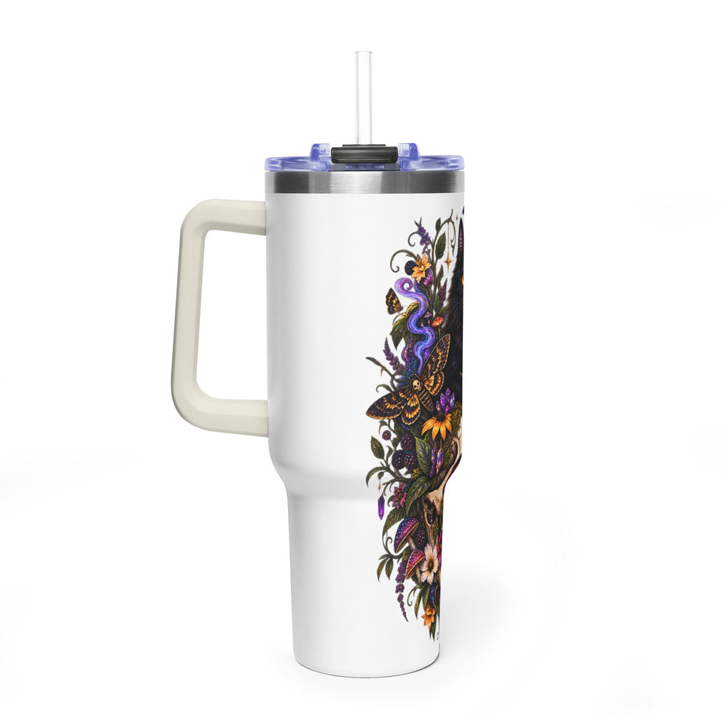 40oz Cat & Skull Thermal Tumbler – Gothic Floral Insulated Travel Mug