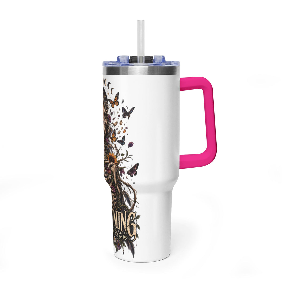 40oz Half human half skeleton Floral butterfly — "Unbecoming" Insulated Travel Cup