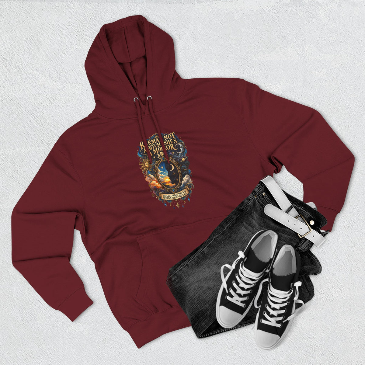 "Karma's not a Bitch she's a Mirror" Hoodie — Spiritual Boho Graphic Pullover