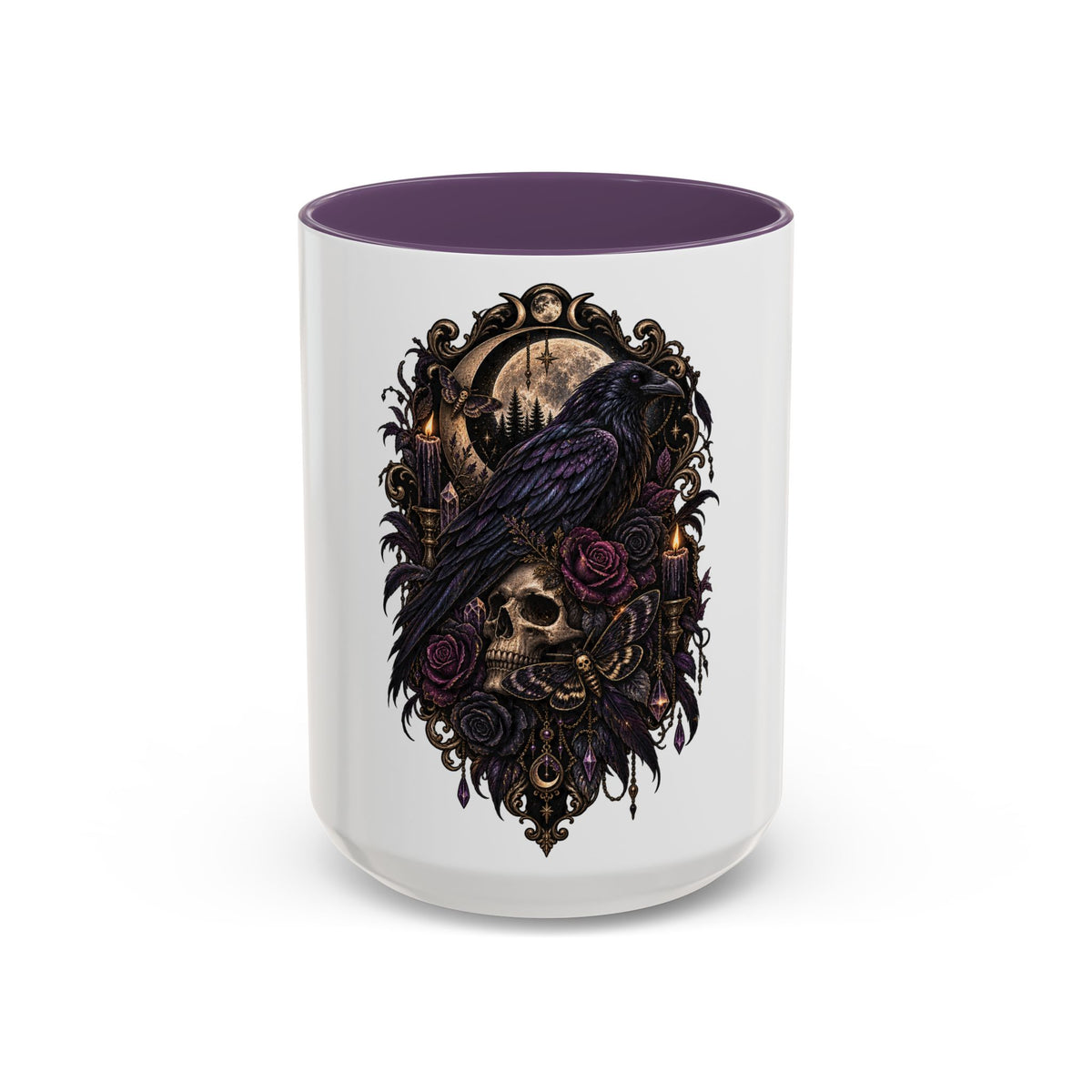 Gothic Raven & Skull Accent Coffee Mug — Dark Floral Occult Tea Cup