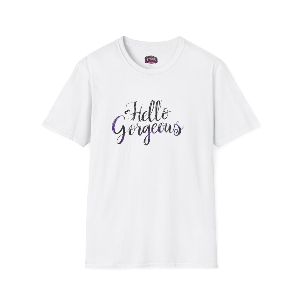 T-Shirt — "Hello Gorgeous" Purple Black Script Graphic Tee
