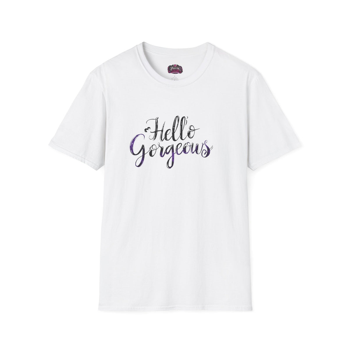 T-Shirt — "Hello Gorgeous" Purple Black Script Graphic Tee