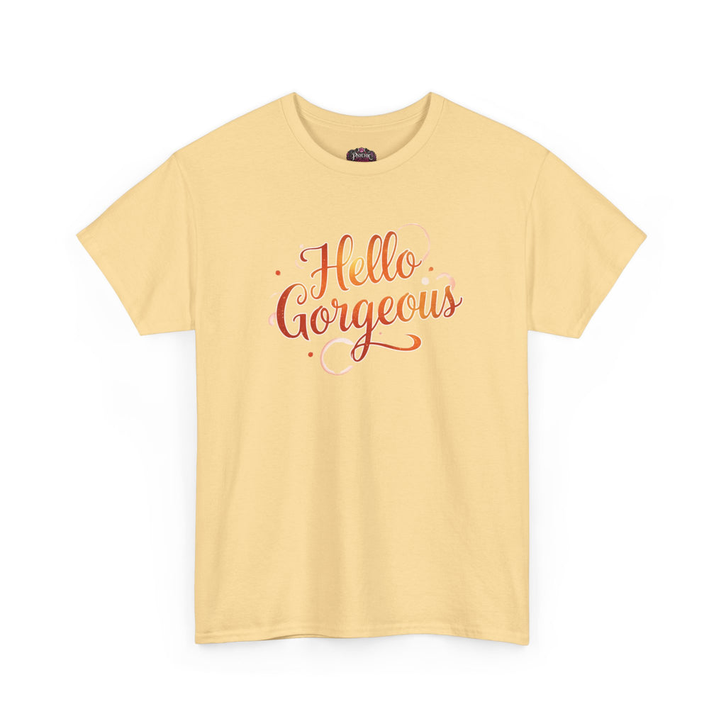 Hello Gorgeous Sunset T-Shirt — Feminine Script Graphic Tee