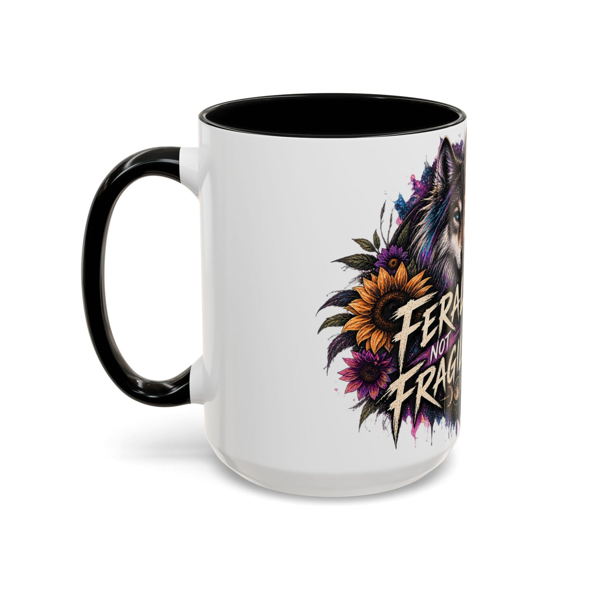 Feral Not Fragile Accent Coffee Mug — Wolf Goddess 11oz/15oz