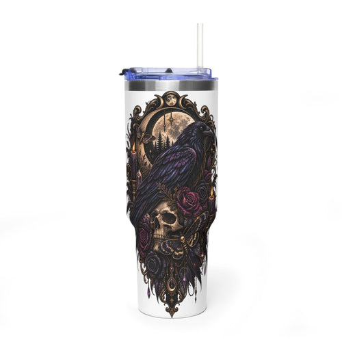 40oz Raven Skull Tumbler – Gothic Floral Vacuum Insulated Travel Mug