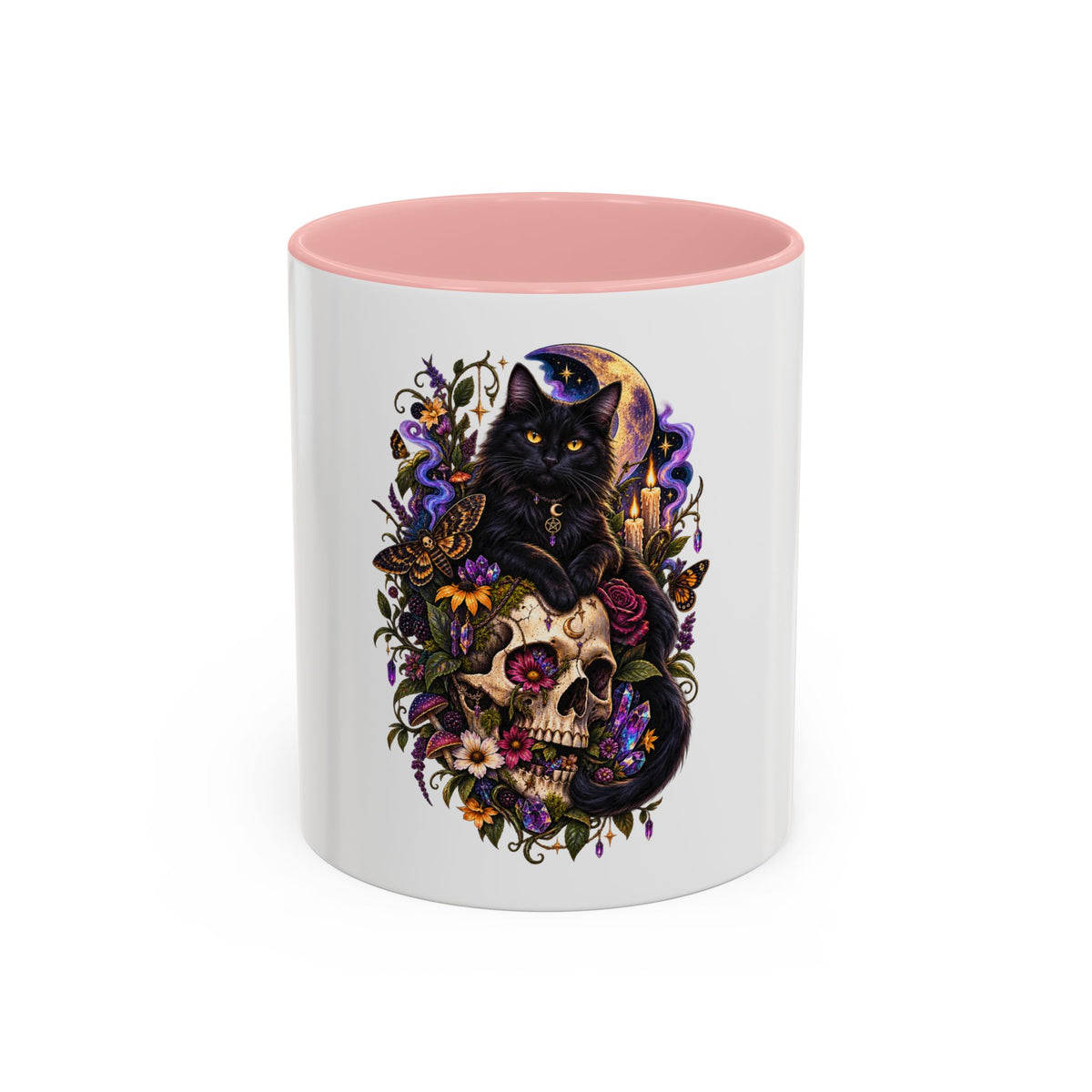 Black Cat & Skull Floral Accent Coffee Mug — Gothic Halloween Coffee Cup (11/15oz)