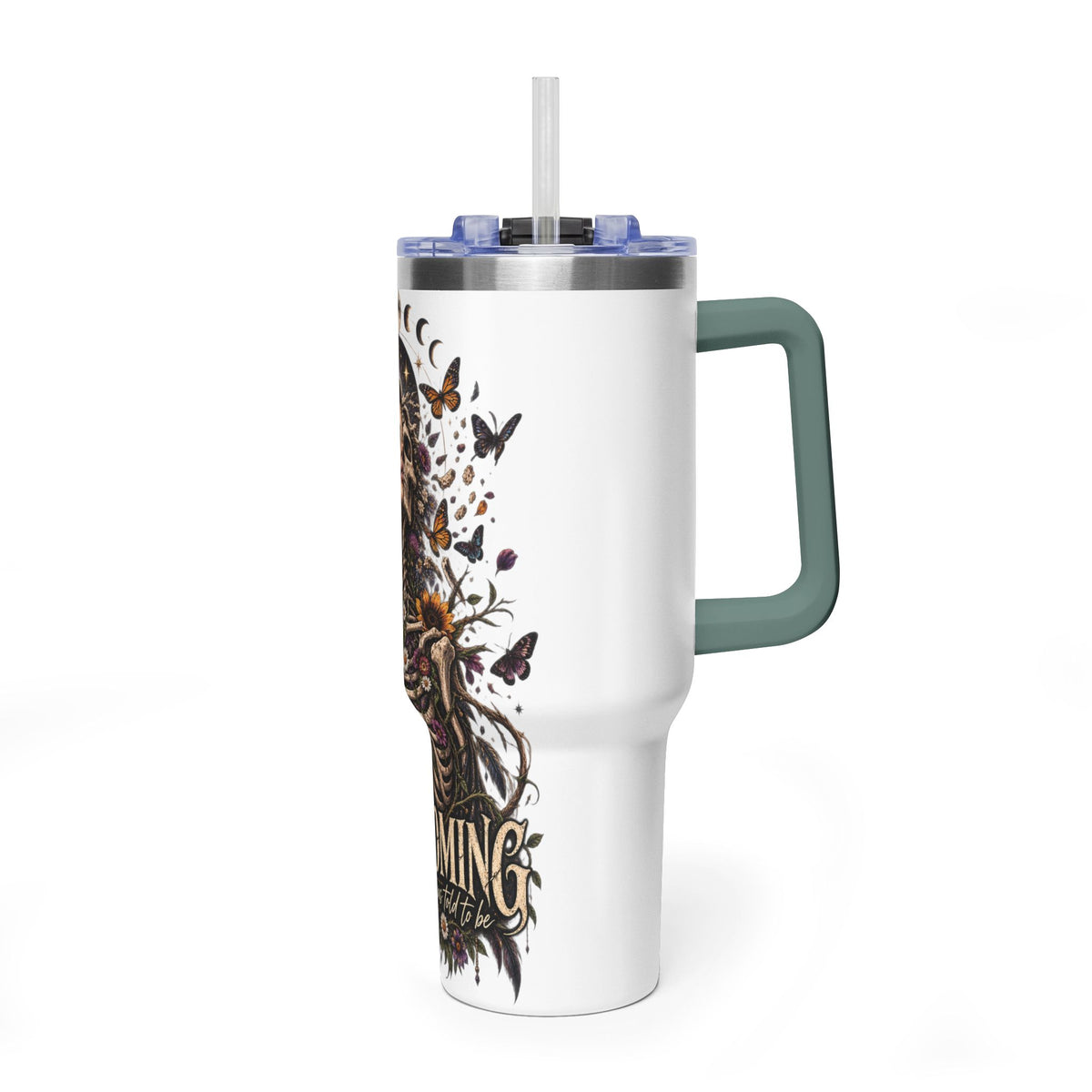 40oz Half human half skeleton Floral butterfly — "Unbecoming" Insulated Travel Cup