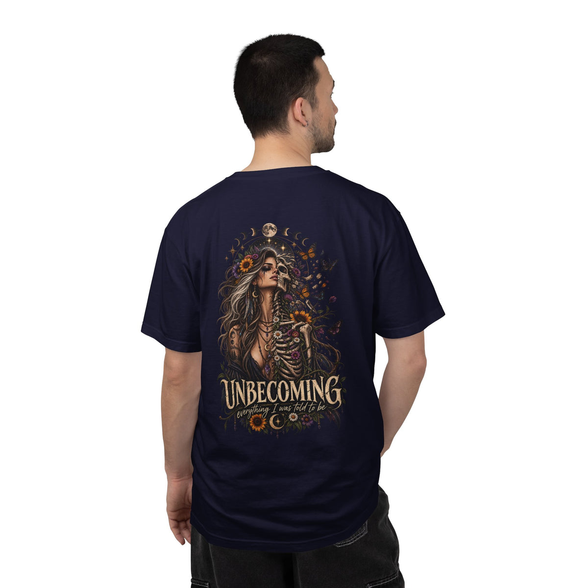 Unbecoming Gothic Moon T‑Shirt — Witchy Skeleton Art Tee