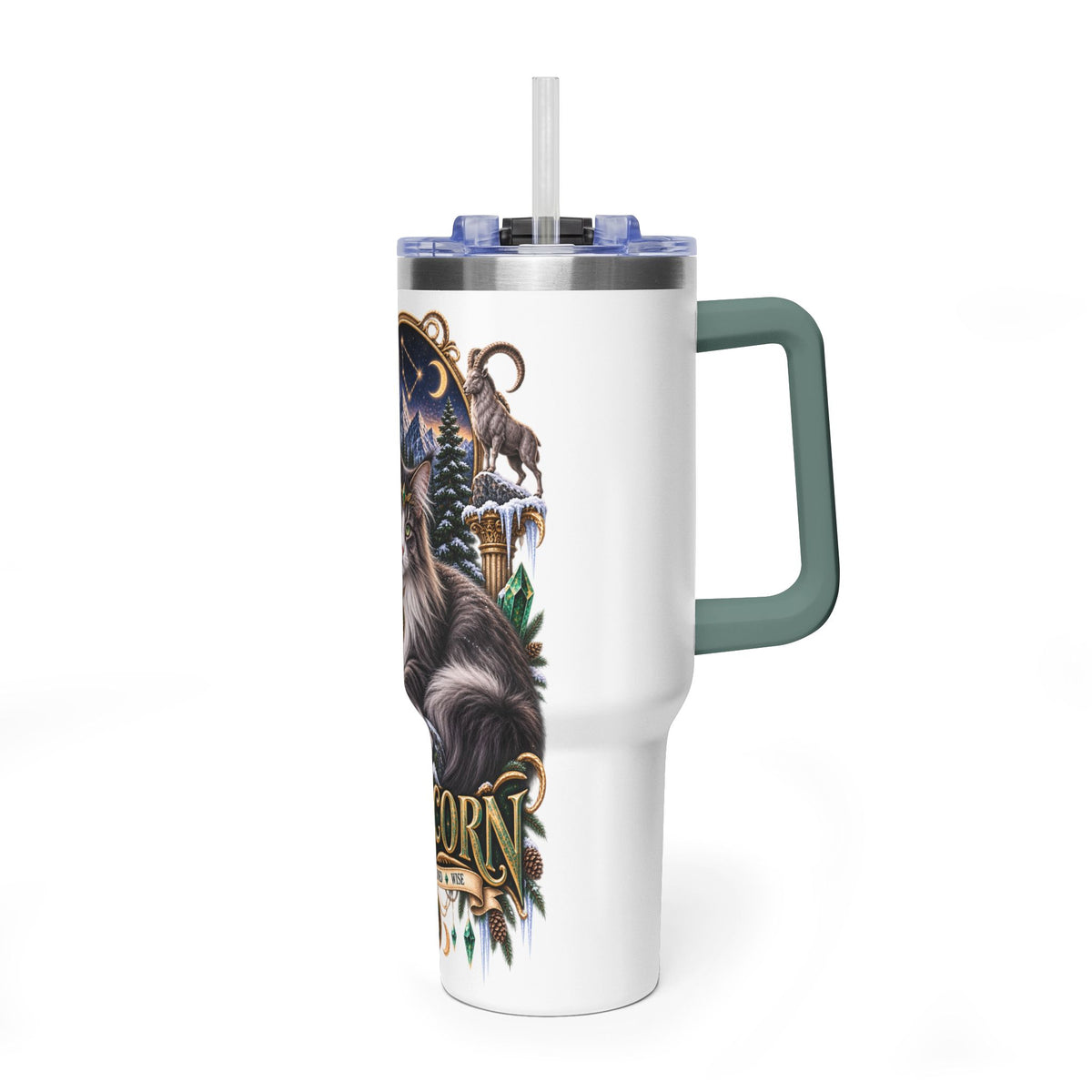Capricorn Norwegian Forest Cat 40oz Vacuum Tumbler — Zodiac Travel Mug with Handle