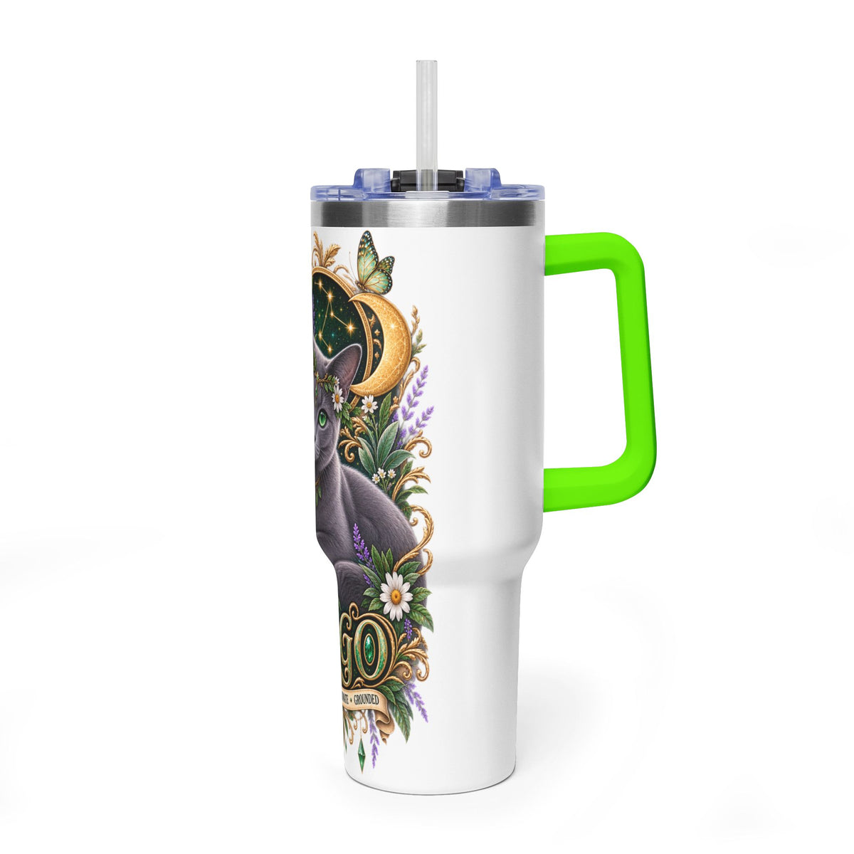 Virgo Cat 40oz Thermal Tumbler — Russian Blue Zodiac Astrology Travel Mug