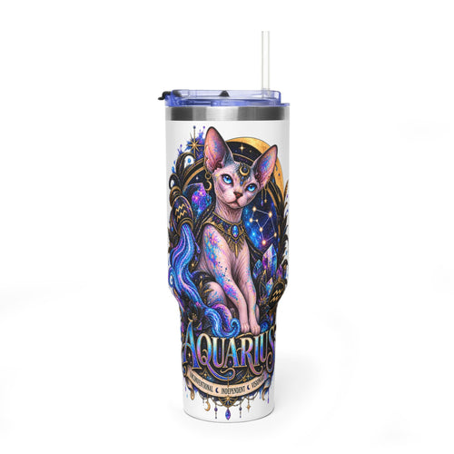 40oz Aquarius Zodiac Tumbler — Sphynx Cat Astrology Vacuum Thermal Cup