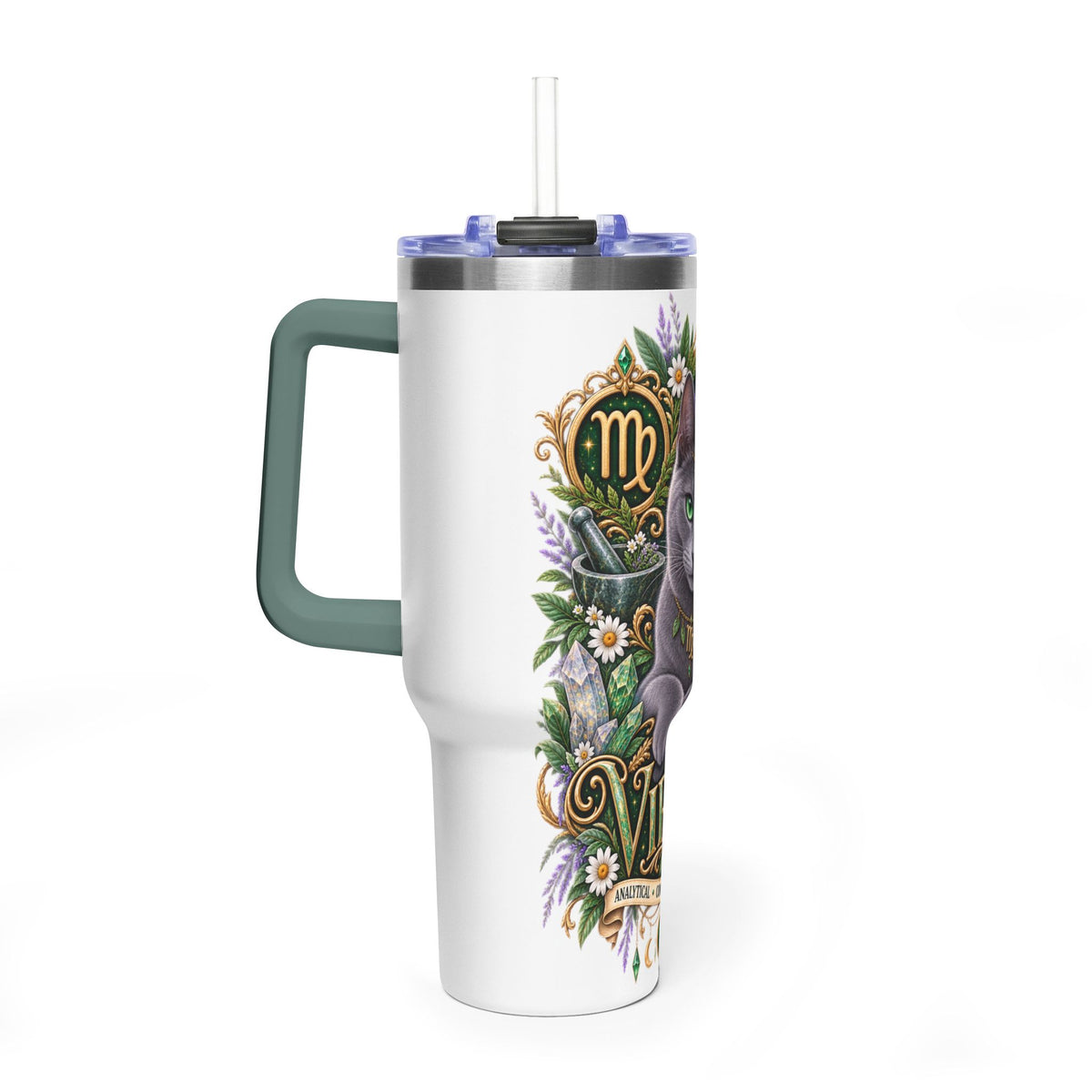 Virgo Cat 40oz Thermal Tumbler — Russian Blue Zodiac Astrology Travel Mug