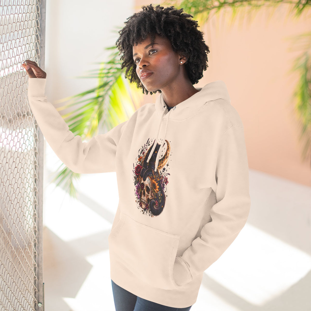 Skull & Cat Hoodie — Romantic Gothic Celestial Moon Graphic Fleece Pullover